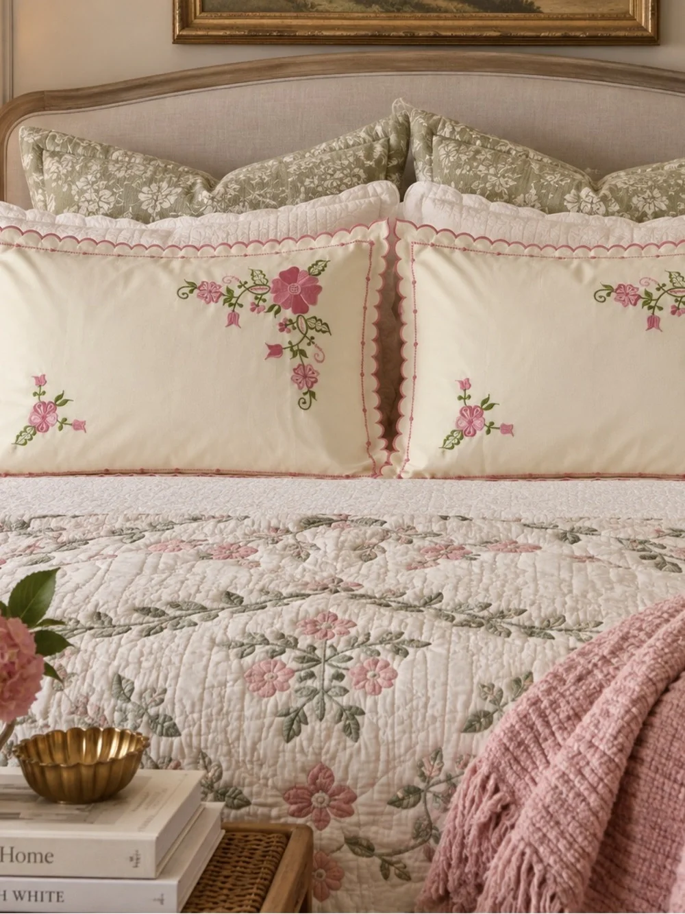 Ivory Pink & Green Floral Embroidered Pillowcase, Scalloped Edge, 33x 23 VTG